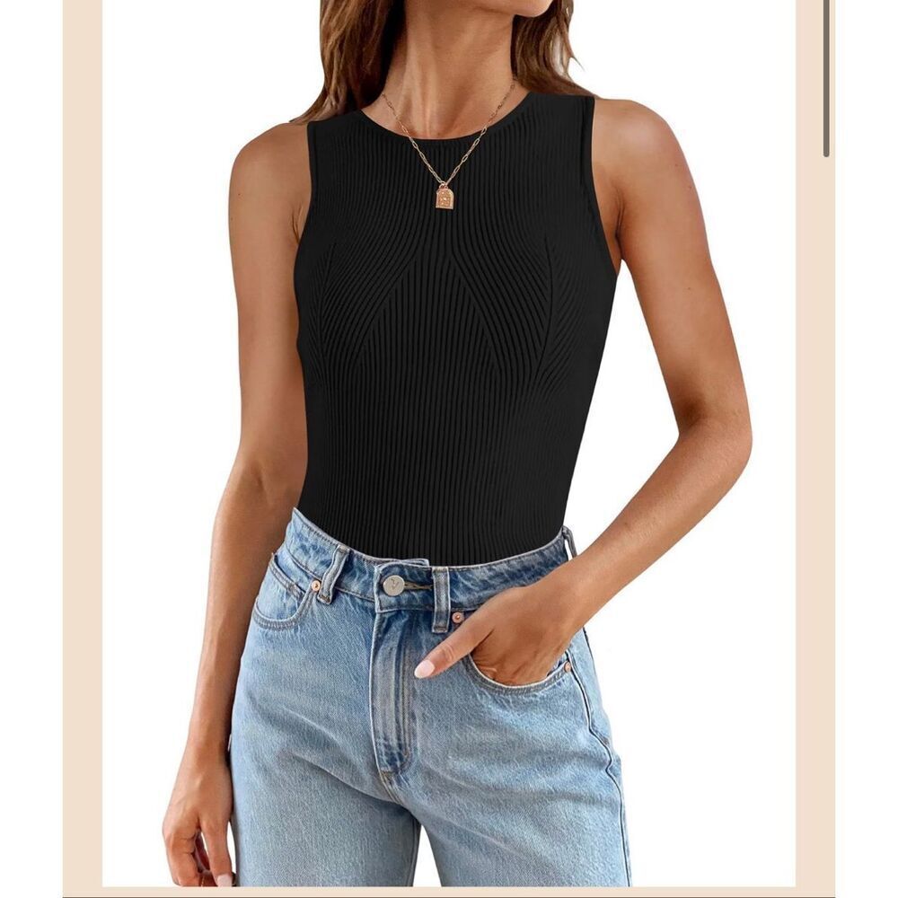 ZESICA HIGH NECK RIBBED SLIM FITTED TANK TOPS-2